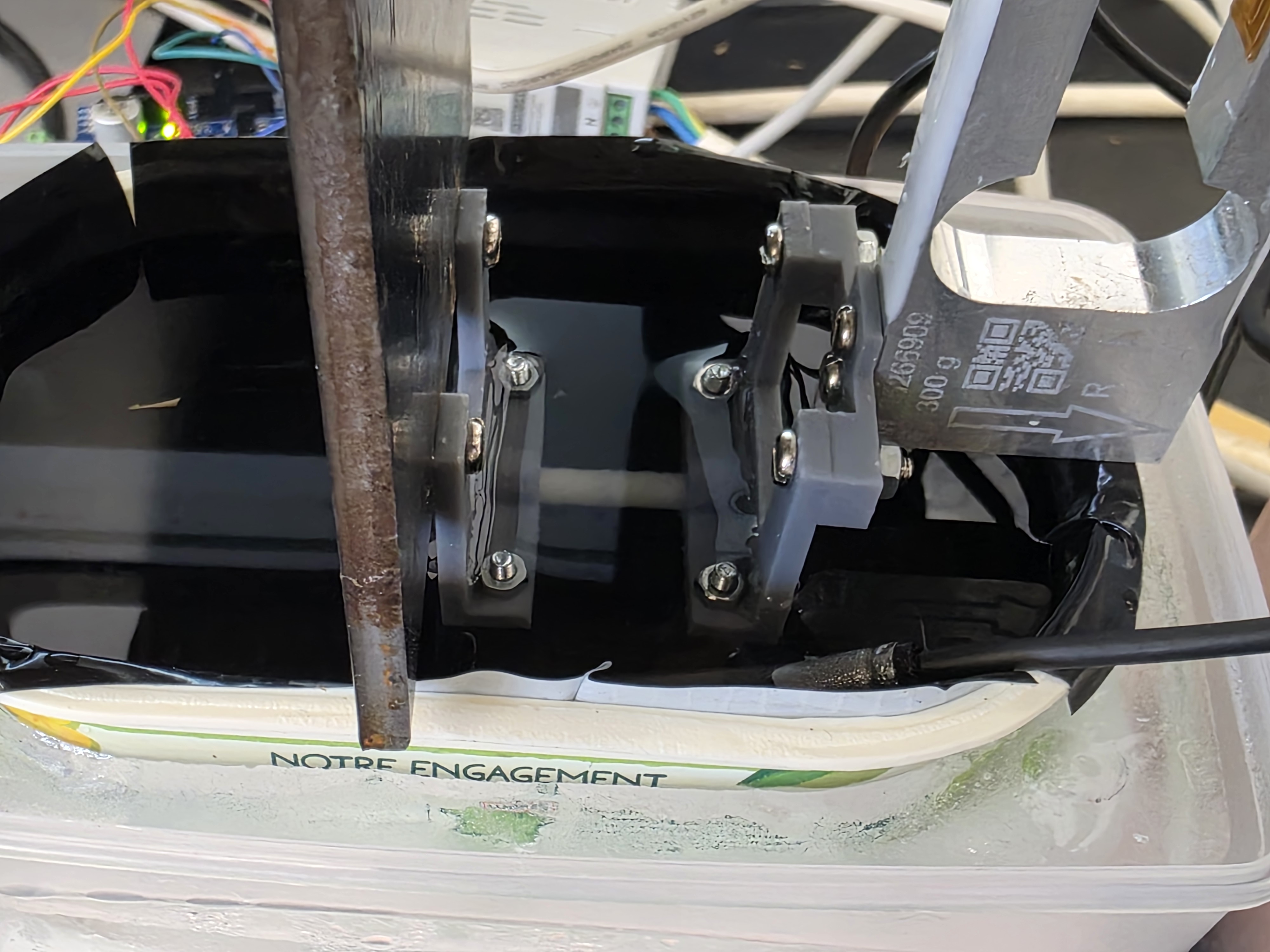 Potato sample mounted between the grips of the traction bench.