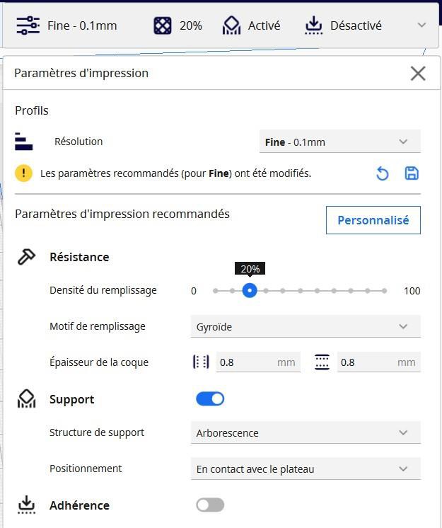 3D-printing parameters used for the PLA molds.