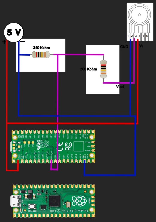 Wiring diagram of the pressure sensor and voltage divider.